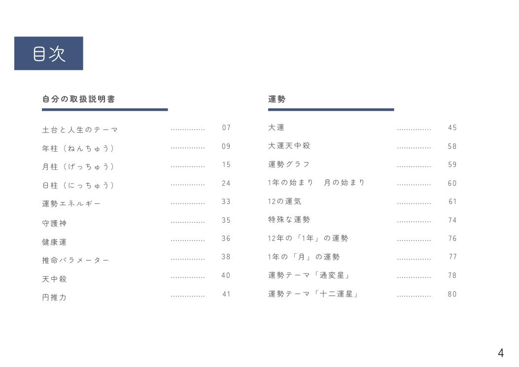 鳥海流四柱推命鑑定書の目次ページ