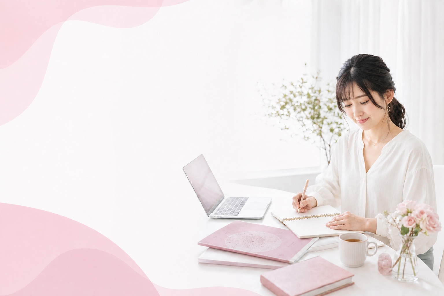明るい室内でノートを取りながら四柱推命を学ぶ若い女性